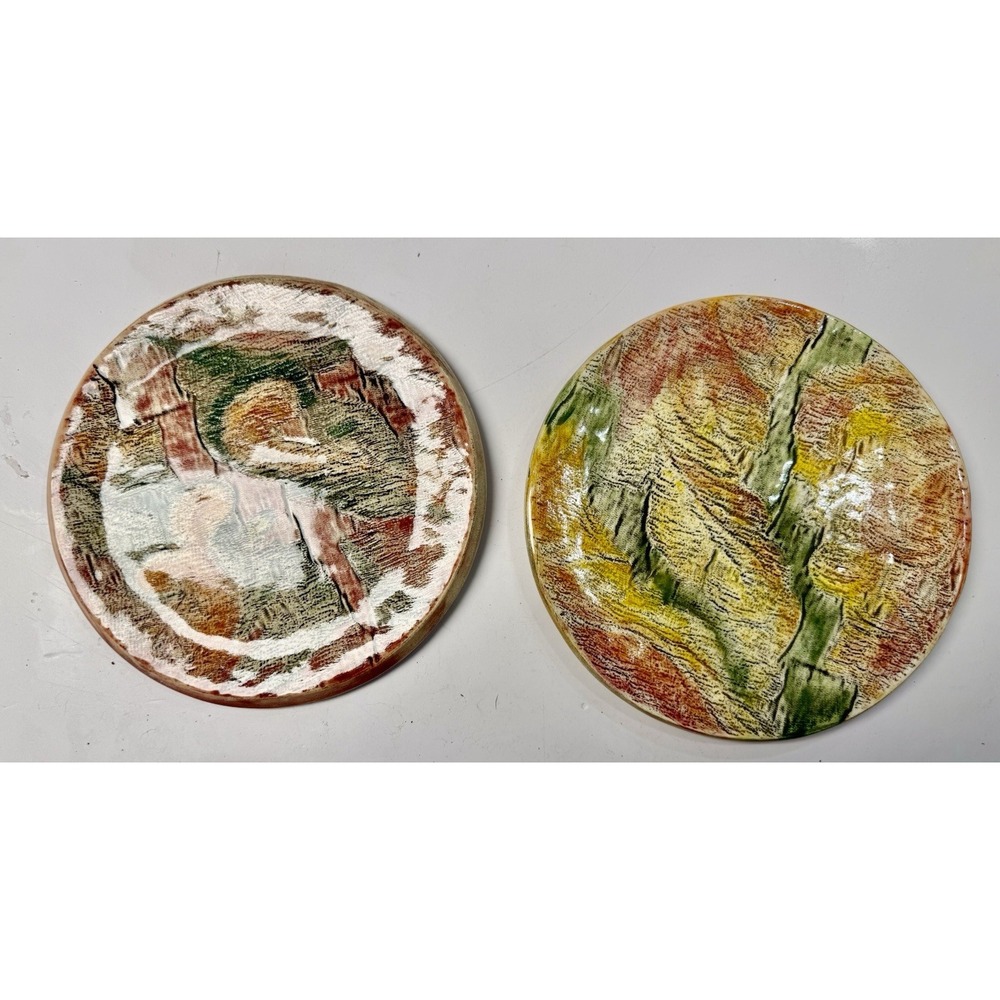 Vintage Pavlina Signed Abstract Sgraffito Studio Pottery Plates Set of 2